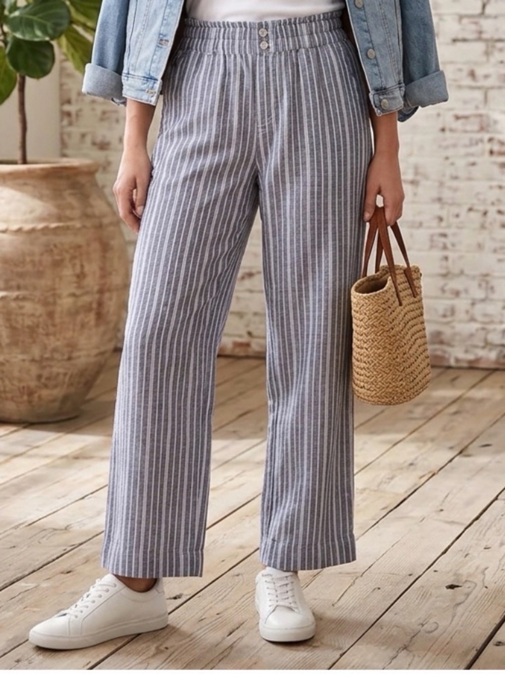 Briggs New York Blue & White Striped Wide-Leg Linen Blend Pants Sz-M.  L4